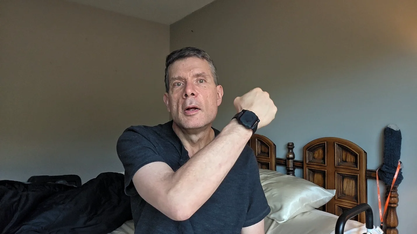 David wearing the BeechBand wrist device during Parkinson's recovery